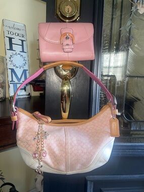 Coach Pink Signature Canvas Shoulder Bag with Leather Trim and wallet set